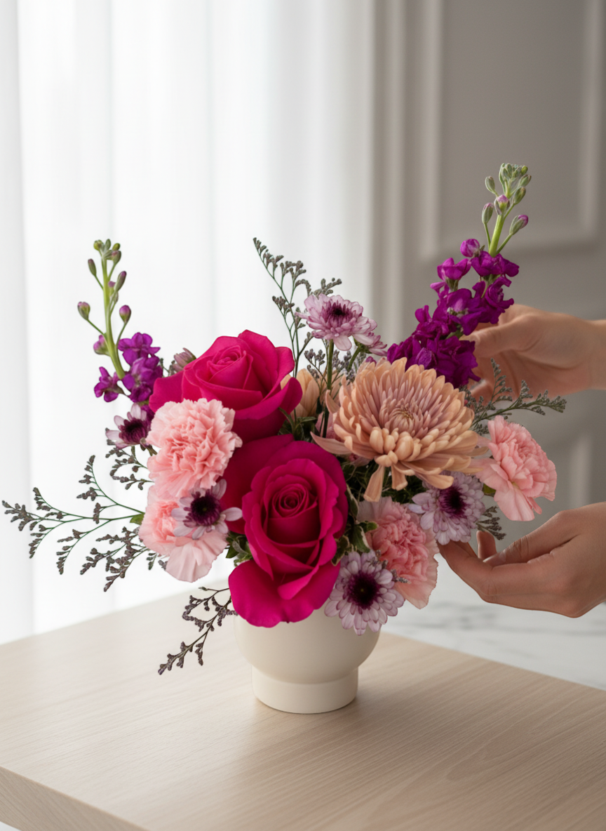 Lakewood Florist bold floral arrangement with hot pink roses, peach mums, pink carnations, and purple stock flowers in a cream vase.