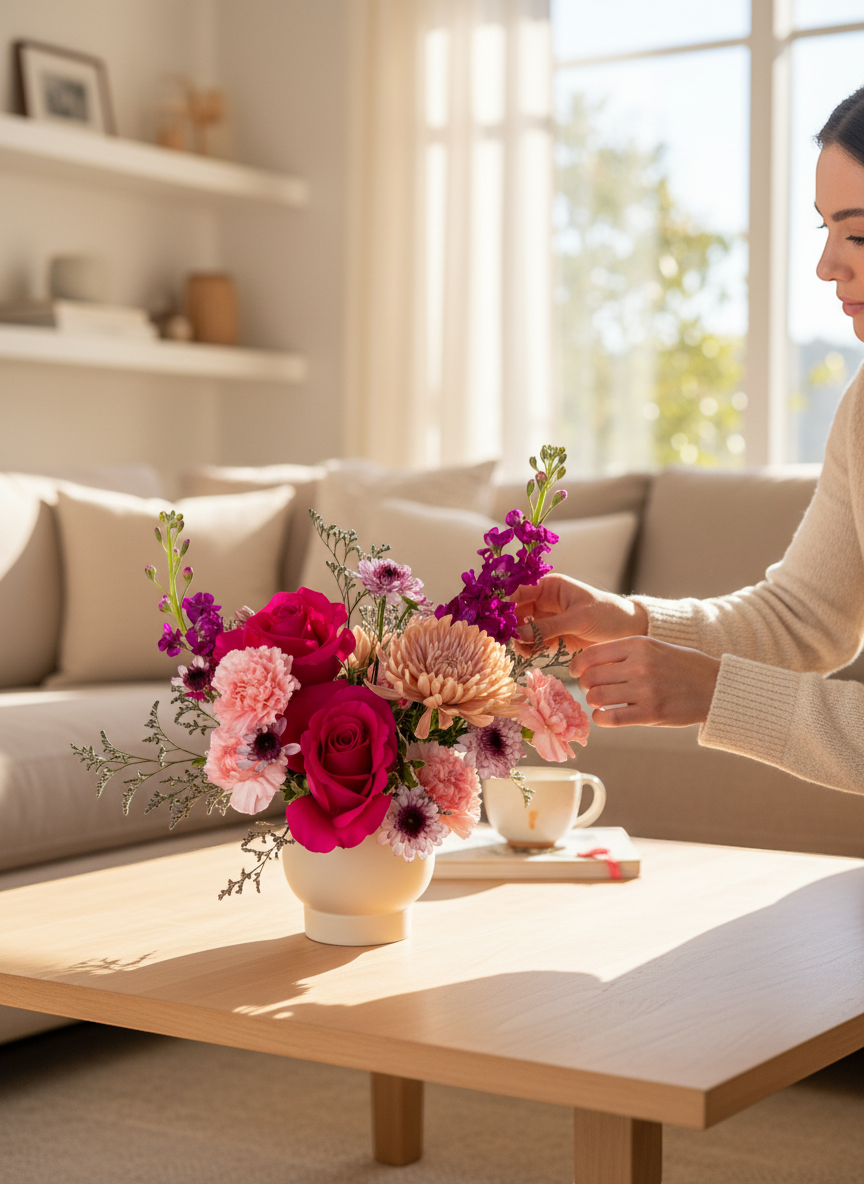 Lakewood Florist bold floral arrangement with hot pink roses, peach mums, pink carnations, and purple stock flowers in a cream vase.