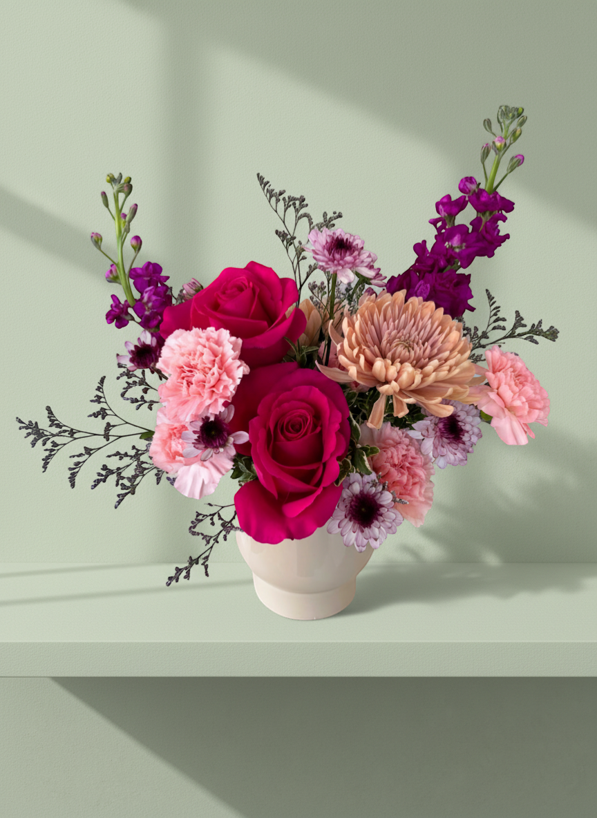 Lakewood Florist bold floral arrangement with pink roses, carnations, mums, and purple stock flowers in a cream vase.