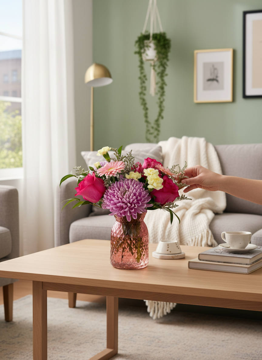 Lakewood Florist Bubblegum Pink floral arrangement with pink roses, gerbera daisies, carnations, and a large purple chrysanthemum in a pink vase.