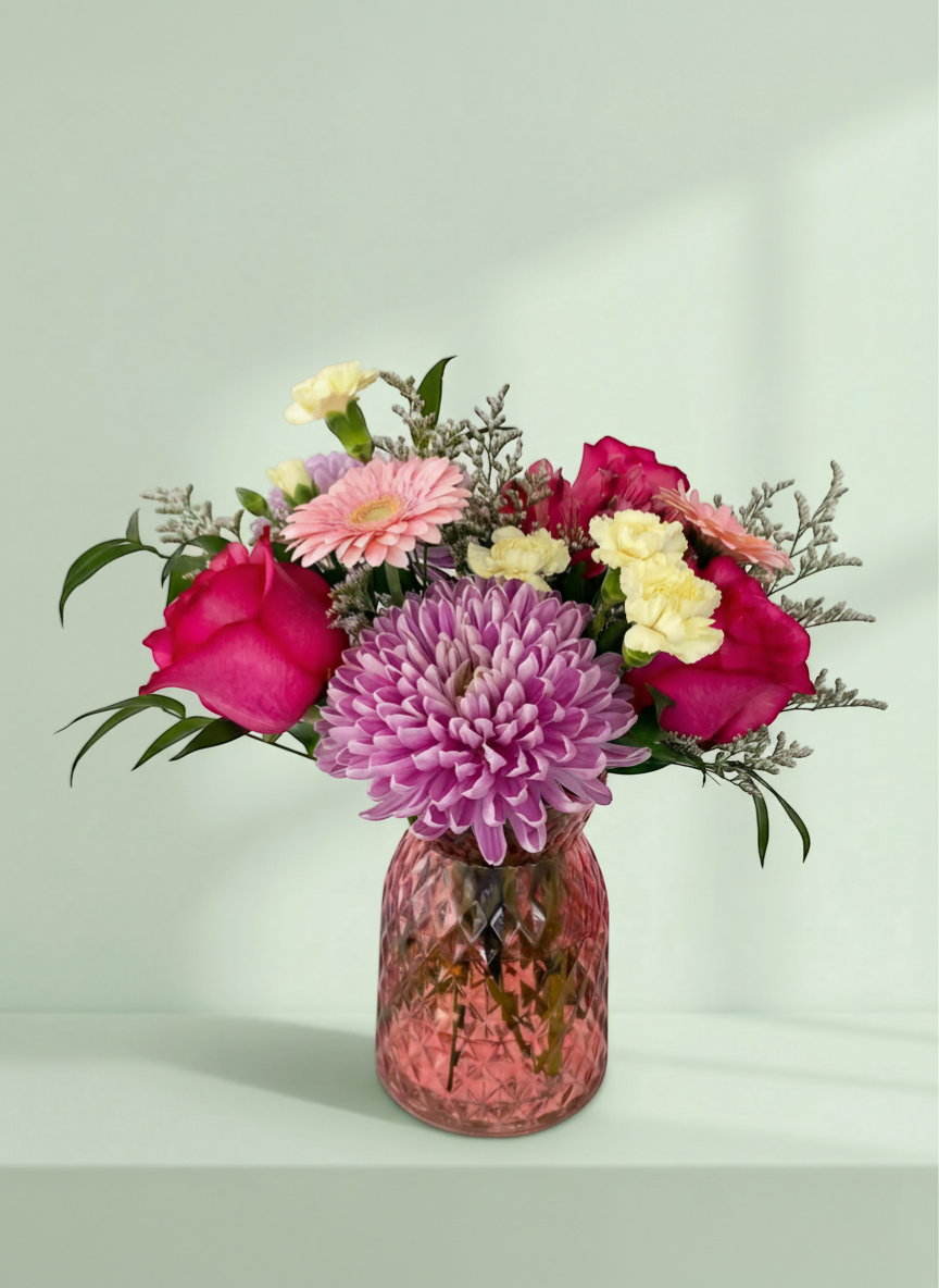 Lakewood Florist Bubblegum Pink floral arrangement with pink roses, gerbera daisies, chrysanthemums, and carnations in a pink vase.
