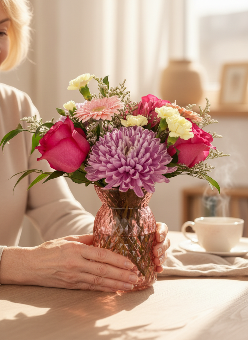 Lakewood Florist bubblegum pink flower arrangement with roses, gerbera daisies, chrysanthemums, and carnations in a pink vase.