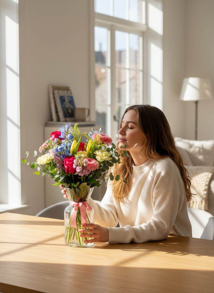 Lakewood Florist Cut Confetti Bouquet: vibrant pink gerberas, yellow tulips, red roses, blue delphiniums, and yellow carnations.