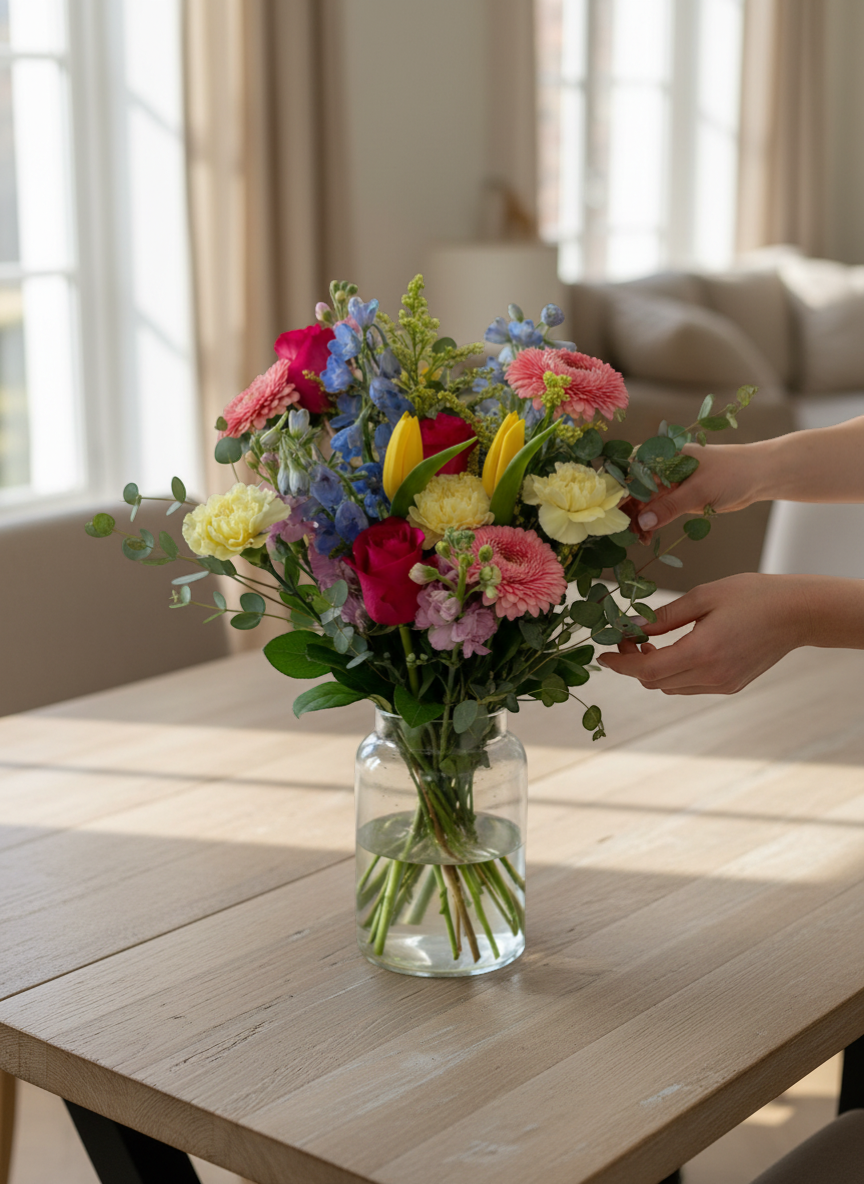 Lakewood Florist Cut Confetti Bouquet: A vibrant hand-tied arrangement featuring pink gerbera daisies, yellow tulips, red roses, yellow carnations, and blue delphiniums.