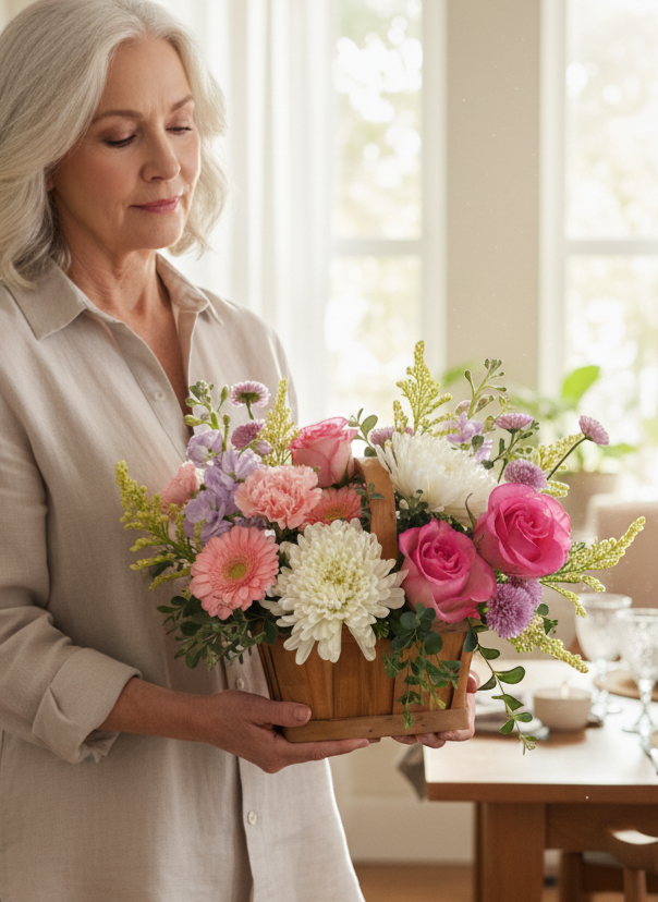 Lakewood Florist Dreamy Garden spring flower basket with pink roses, white chrysanthemums, pink gerberas, and purple stock.