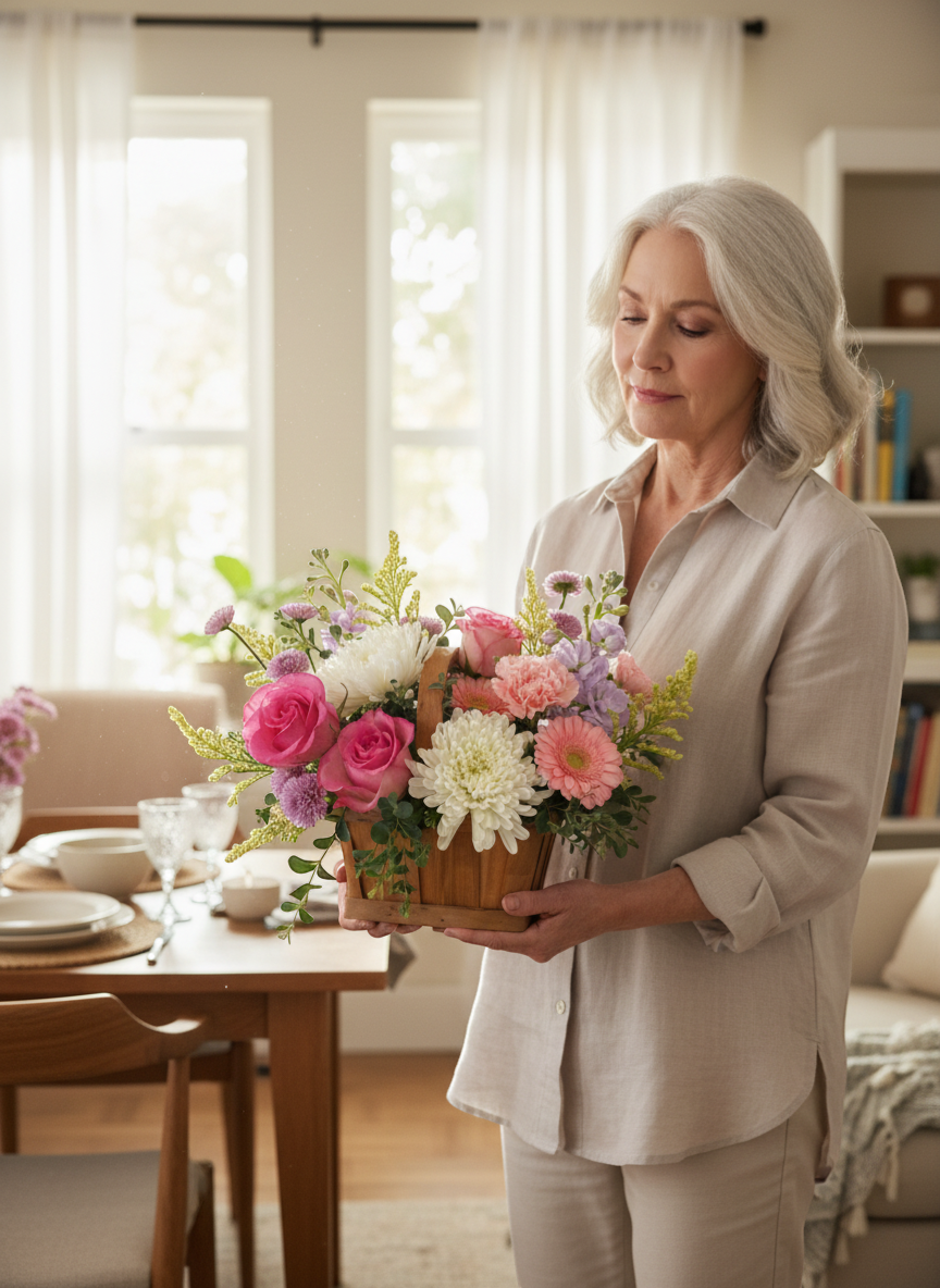 Lakewood Florist Dreamy Garden spring flower basket with pink roses, white chrysanthemums, pink gerberas, and purple stock.