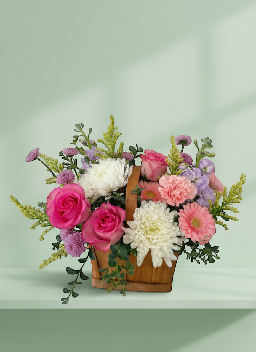 Lakewood Florist Dreamy Garden spring flower basket with pink roses, white chrysanthemums, pink carnations, and purple stock.