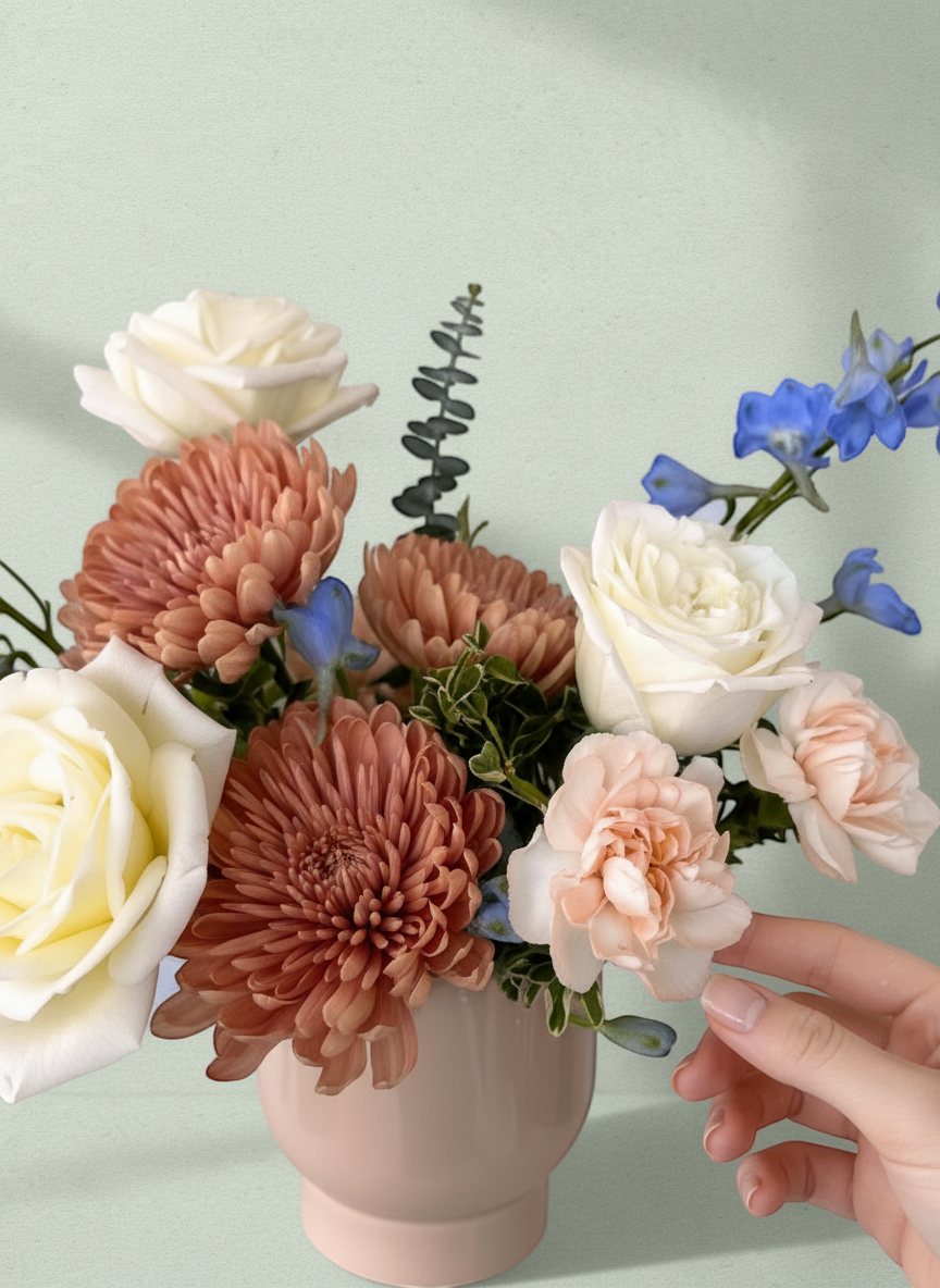 Lakewood Florist Easy Love asymmetric floral arrangement with white roses, rust mums, pink carnations, blue delphinium, and eucalyptus in a pink vase.