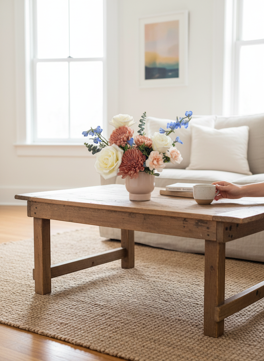 Lakewood Florist Easy Love asymmetric floral arrangement with white roses, rust mums, pink carnations, and blue delphiniums in a pink vase.