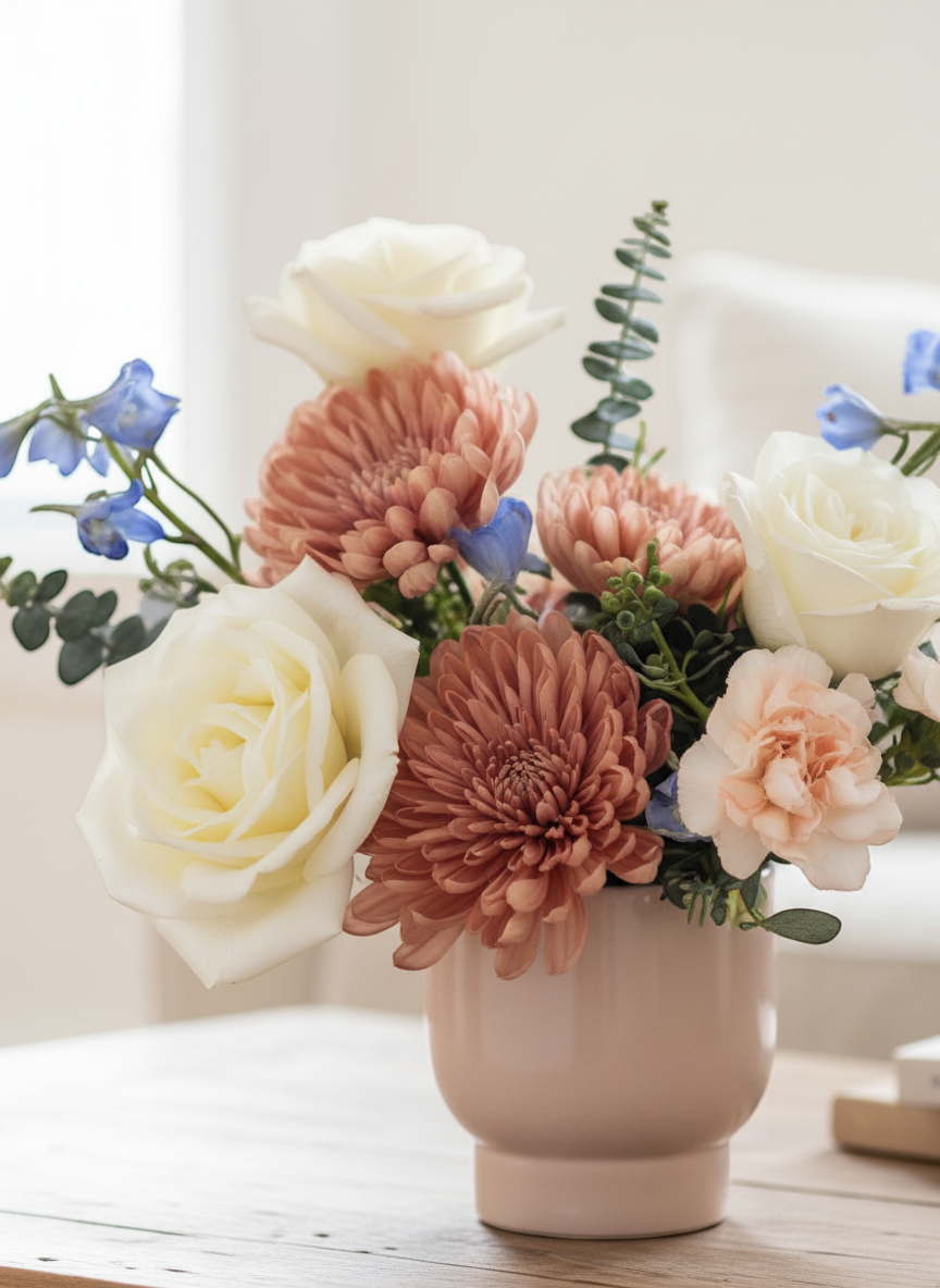 Lakewood Florist Easy Love asymmetric floral arrangement with cream roses, rust mums, carnations, and blue delphiniums in a pink vase.