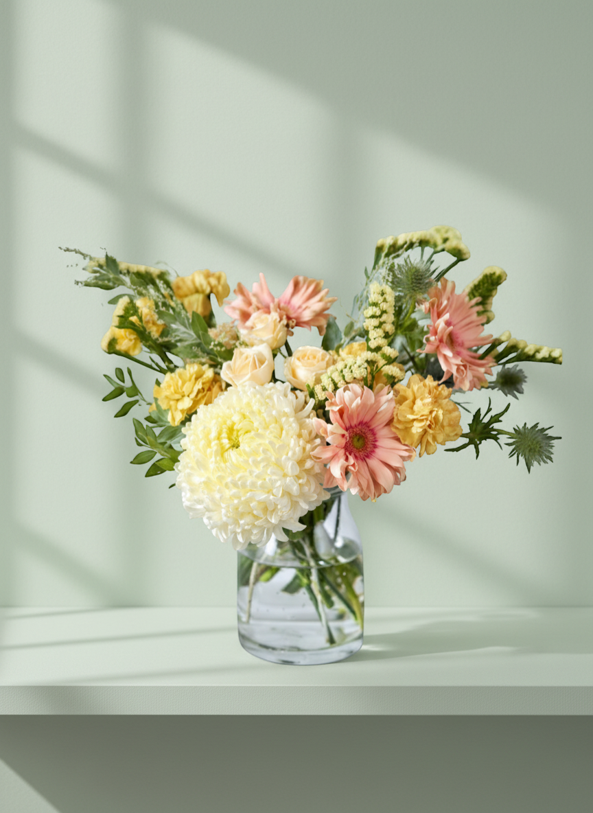 Lakewood Florist: White chrysanthemum, pink gerbera daisies, yellow roses, and carnations in a clear vase.