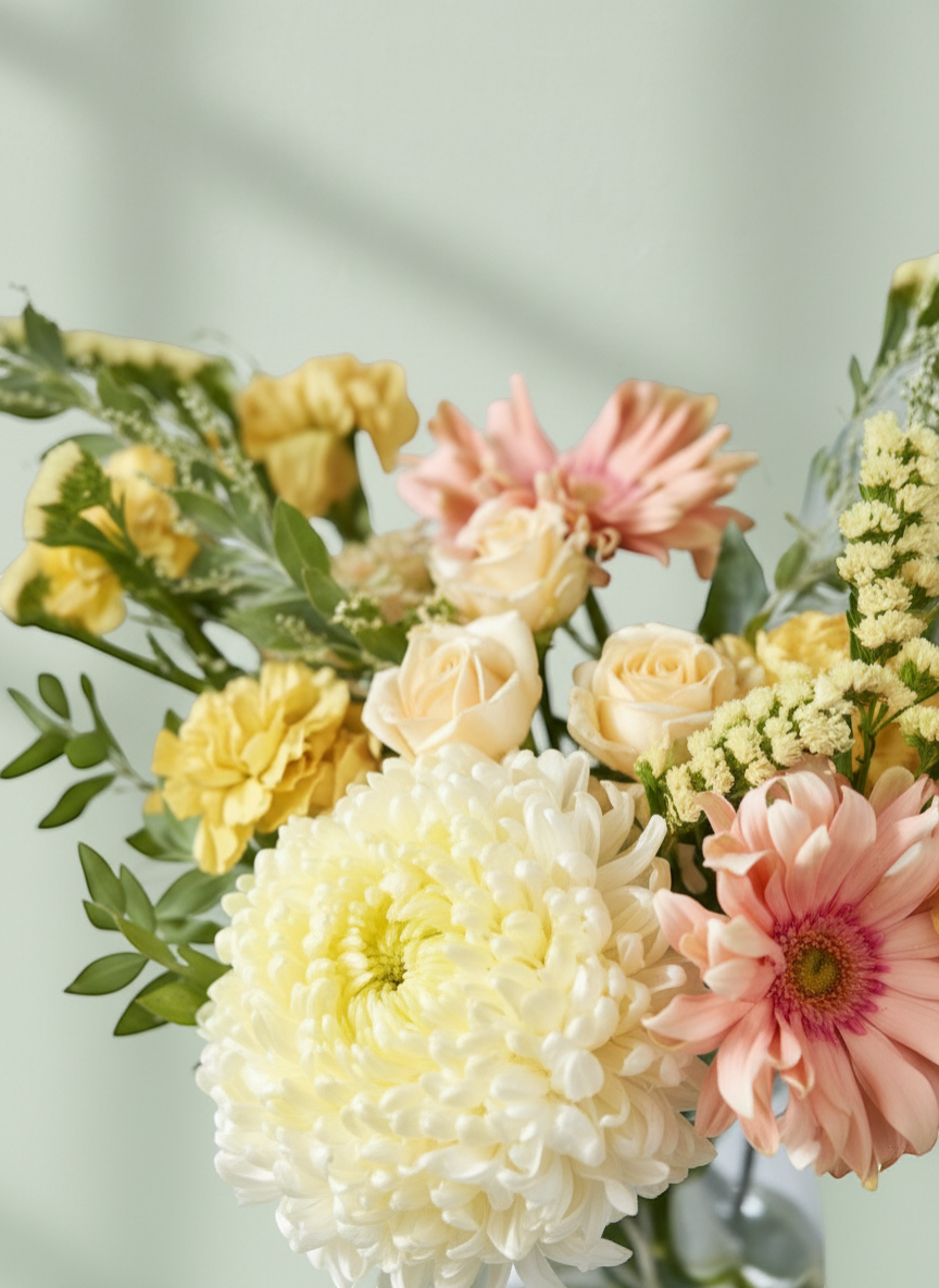 Lakewood Florist floral arrangement with white chrysanthemum, pink and yellow blooms in a clear vase.