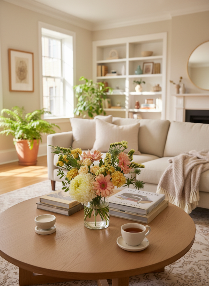 Lakewood Florist floral arrangement with white chrysanthemum, pink and yellow blooms in a clear vase.