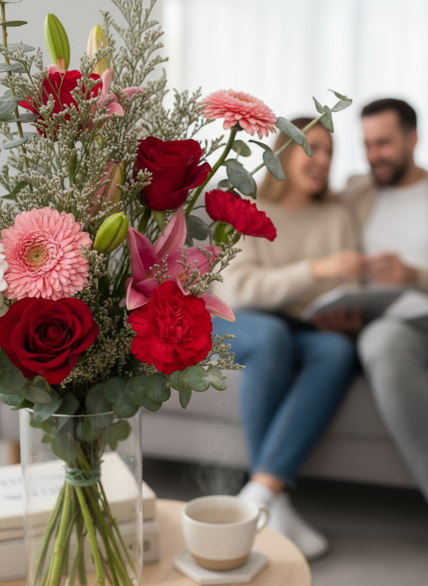 Lakewood Florist Forever Yours bouquet: red roses, pink lilies, white stock flowers, and pink gerberas in a glass vase.