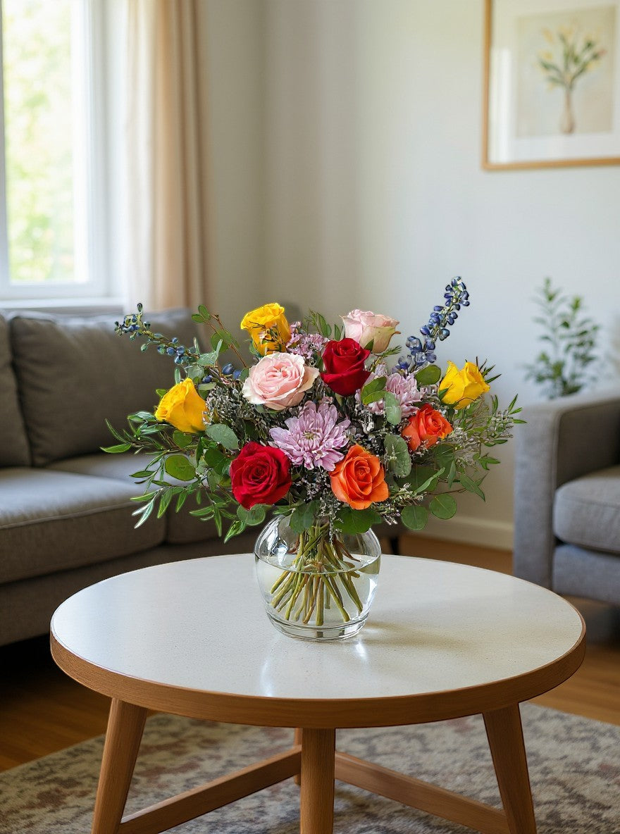 Lakewood Florist Happy Blooms arrangement: vibrant roses in red, pink, yellow, and orange, with purple mums and blue accents in a clear glass vase.