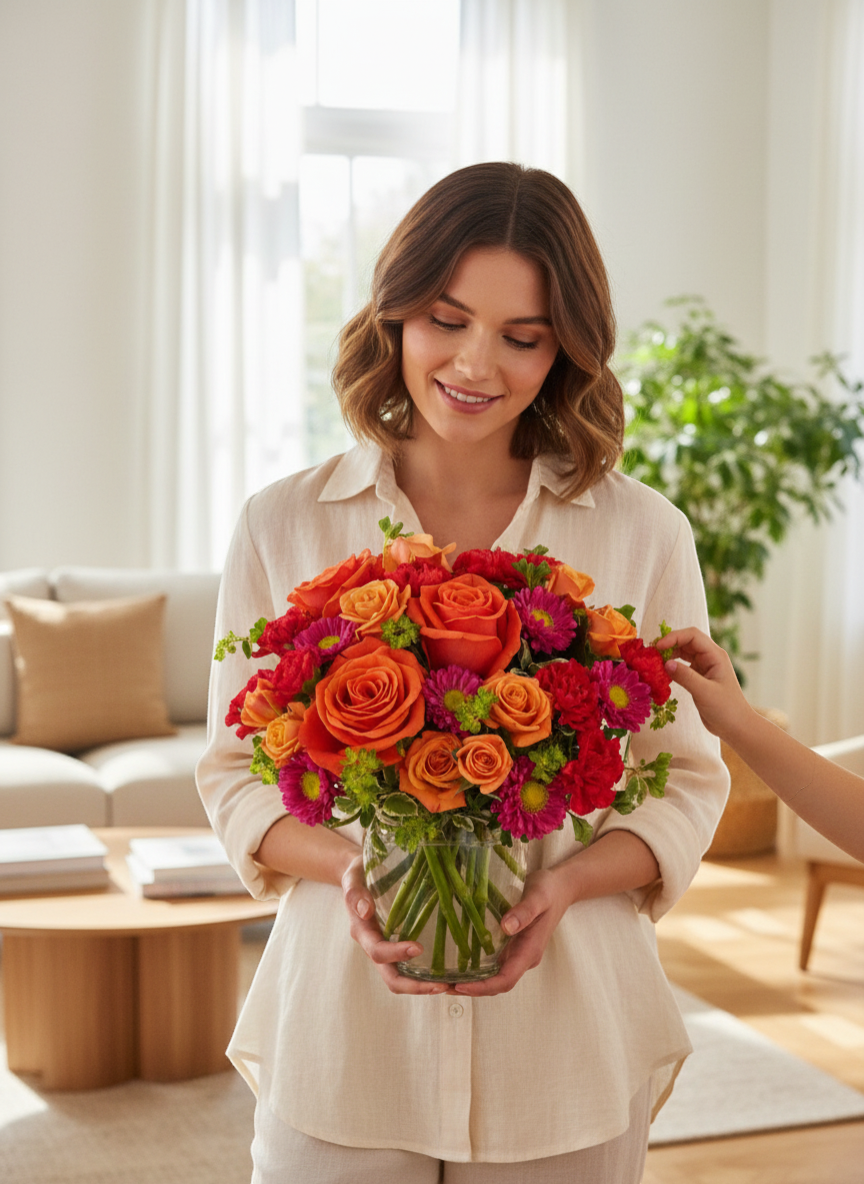 Lakewood Florist Hot Pink Citrus arrangement with orange roses, pink asters, red carnations, and green accents in a glass vase.