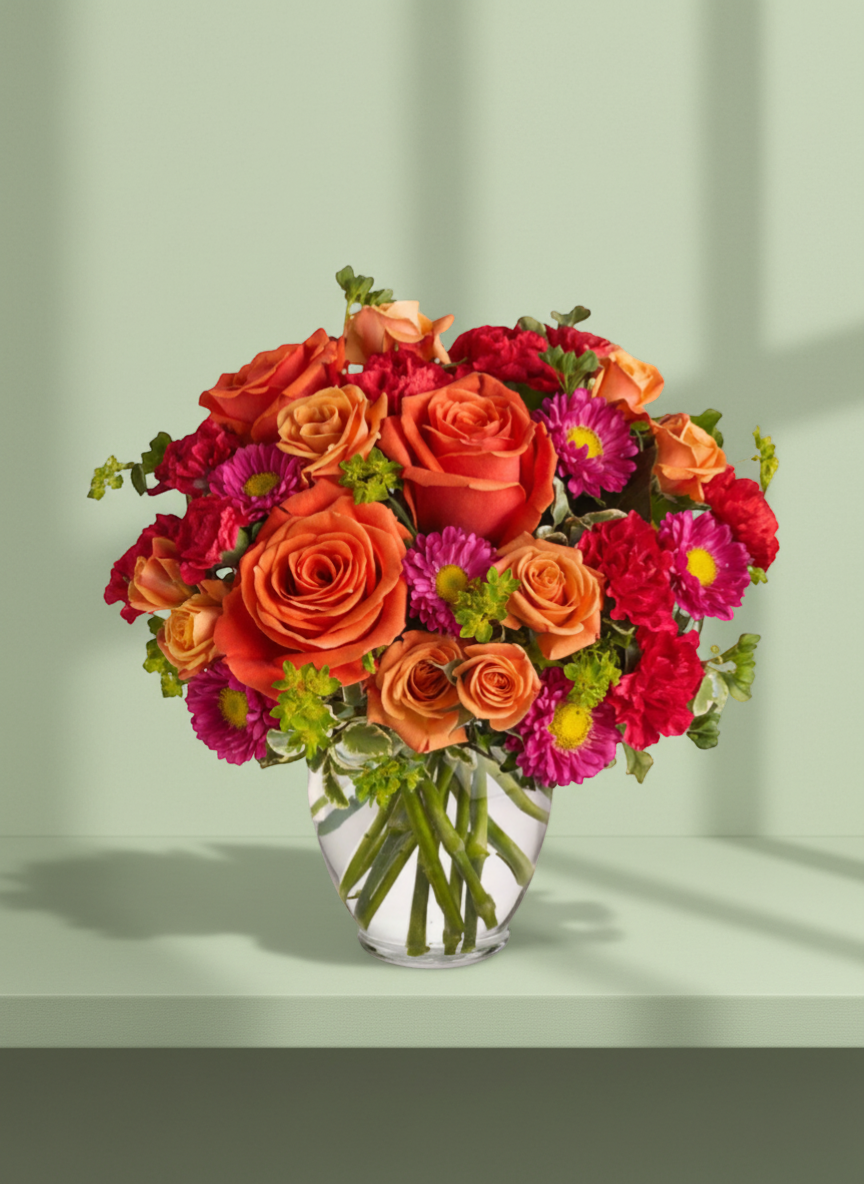 Lakewood Florist Hot Pink Citrus arrangement: vibrant orange roses, hot pink mums, red carnations, and green accents in a clear glass vase.