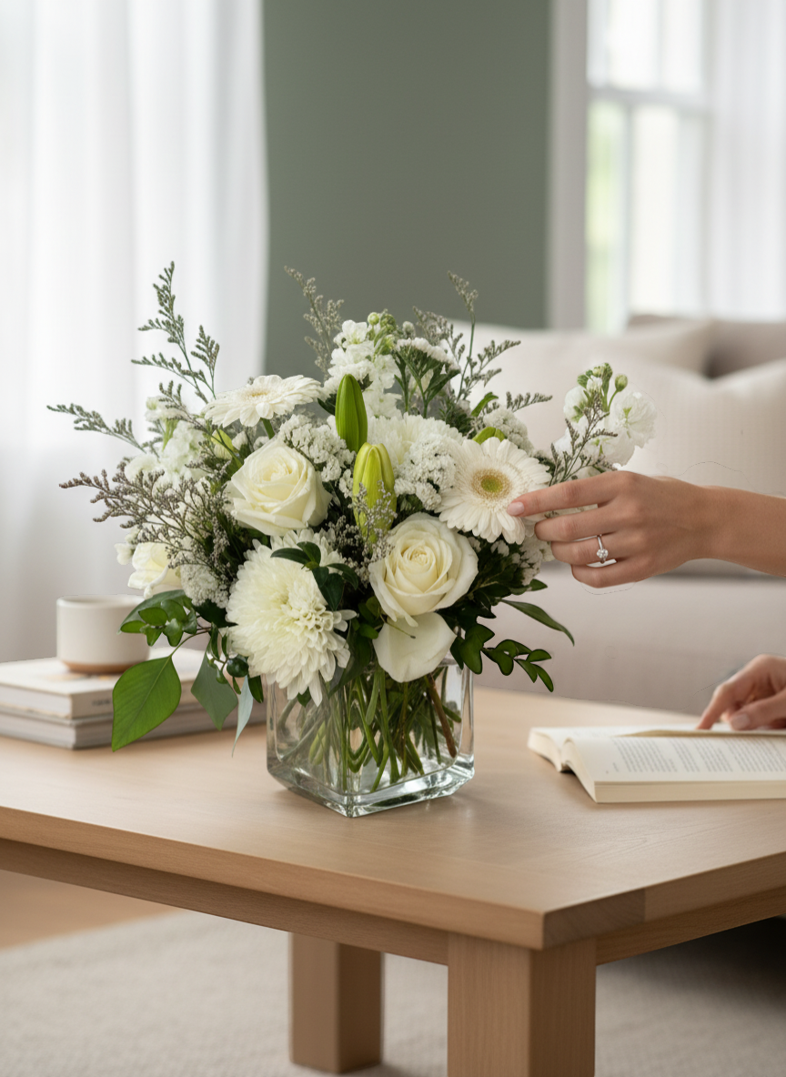 Lakewood Florist Ivory Peace arrangement: white roses, lilies, daisies, and chrysanthemums in a glass cube vase.