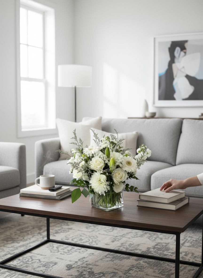 Lakewood Florist Ivory Peace arrangement: white roses, lilies, daisies, chrysanthemums, and greenery in a glass cube vase.