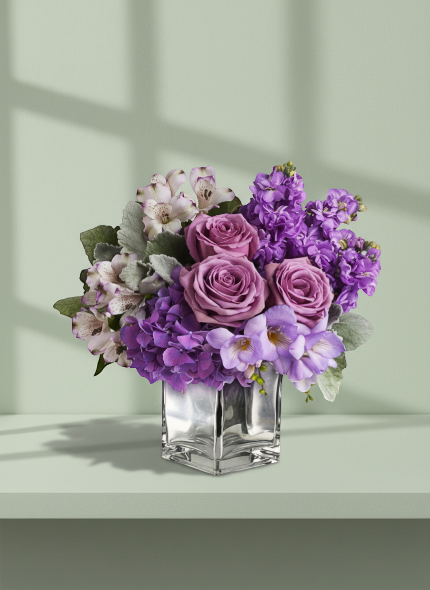 Lakewood Florist Lavender Haze bouquet with purple roses, hydrangeas, stock flowers, and alstroemeria in a silver vase.