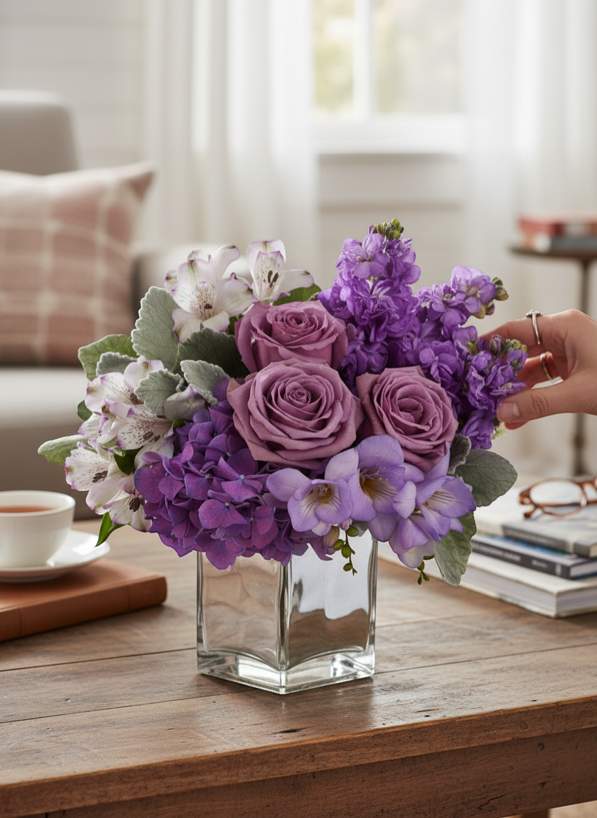 Lakewood Florist Lavender Haze bouquet with purple roses, hydrangeas, stock, and alstroemeria in a silver vase.