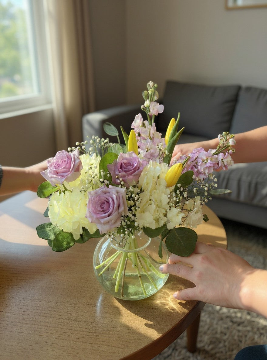Lakewood Florist Lavender Whisper floral arrangement with purple roses, yellow tulips, white hydrangeas, and baby's breath in a glass vase.