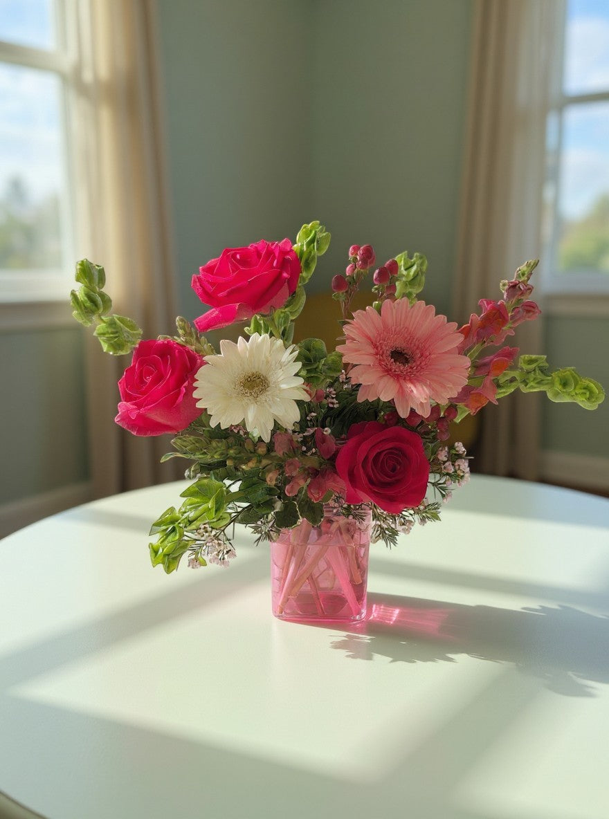 Lakewood Florist Love is in the Air arrangement: red roses, pink gerbera daisies, white daisies, snapdragons, and berries in a pink vase.