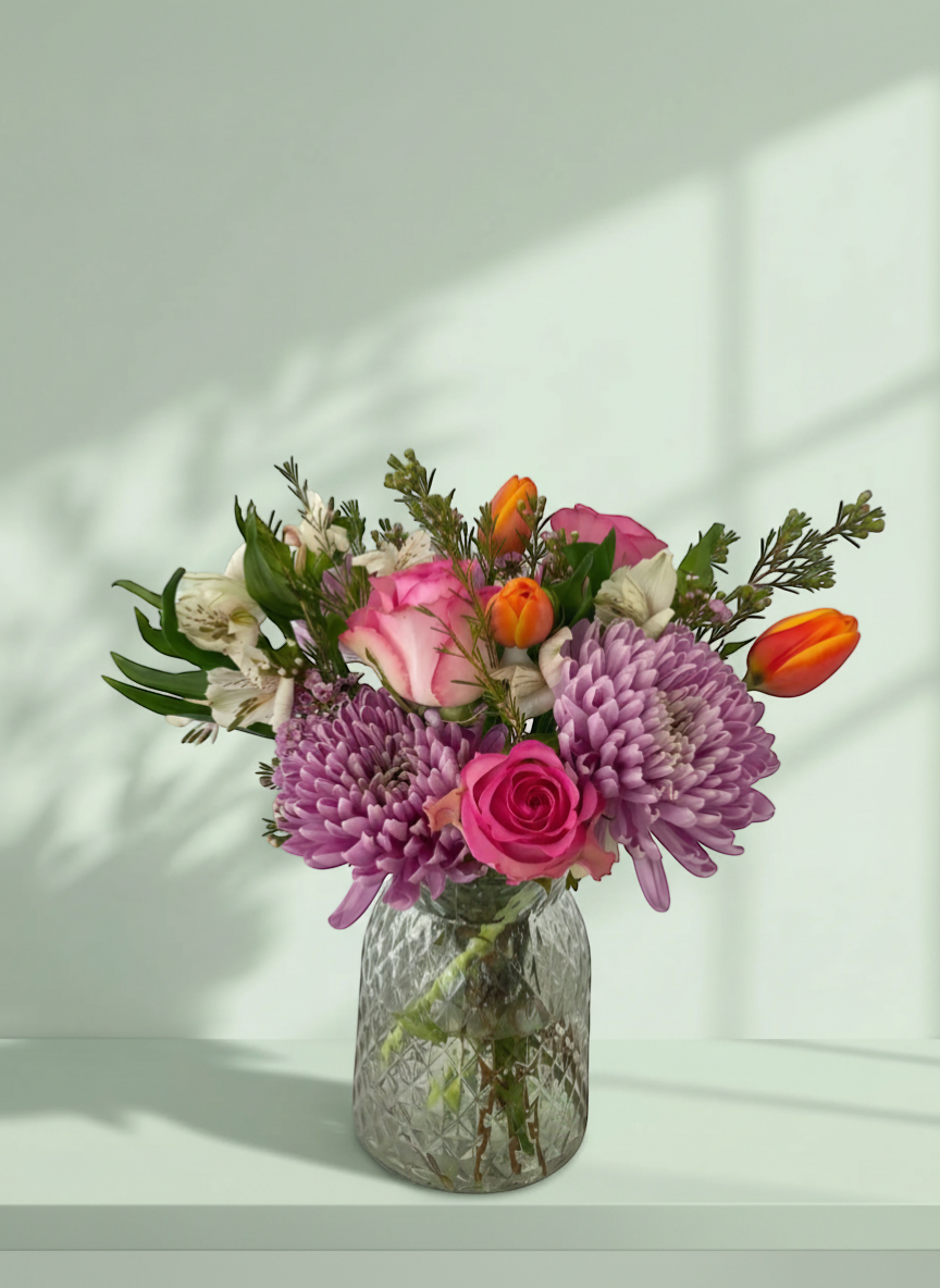 Lakewood Florist Meadow Garden arrangement: pink roses, purple chrysanthemums, orange tulips, and white alstroemeria in a textured glass vase.