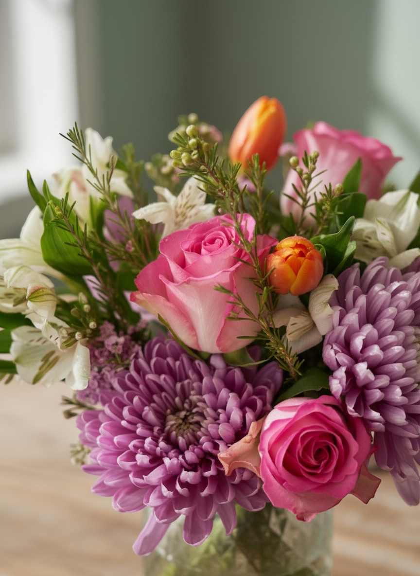 Lakewood Florist Meadow Garden arrangement: pink roses, purple chrysanthemums, white alstroemeria, and orange tulips in a glass vase.