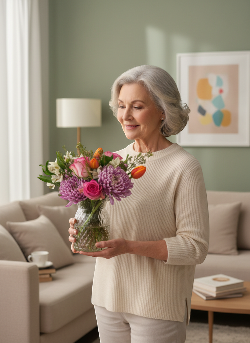 Lakewood Florist Meadow Garden arrangement: pink roses, purple chrysanthemums, orange tulips, and white alstroemeria in a glass vase.