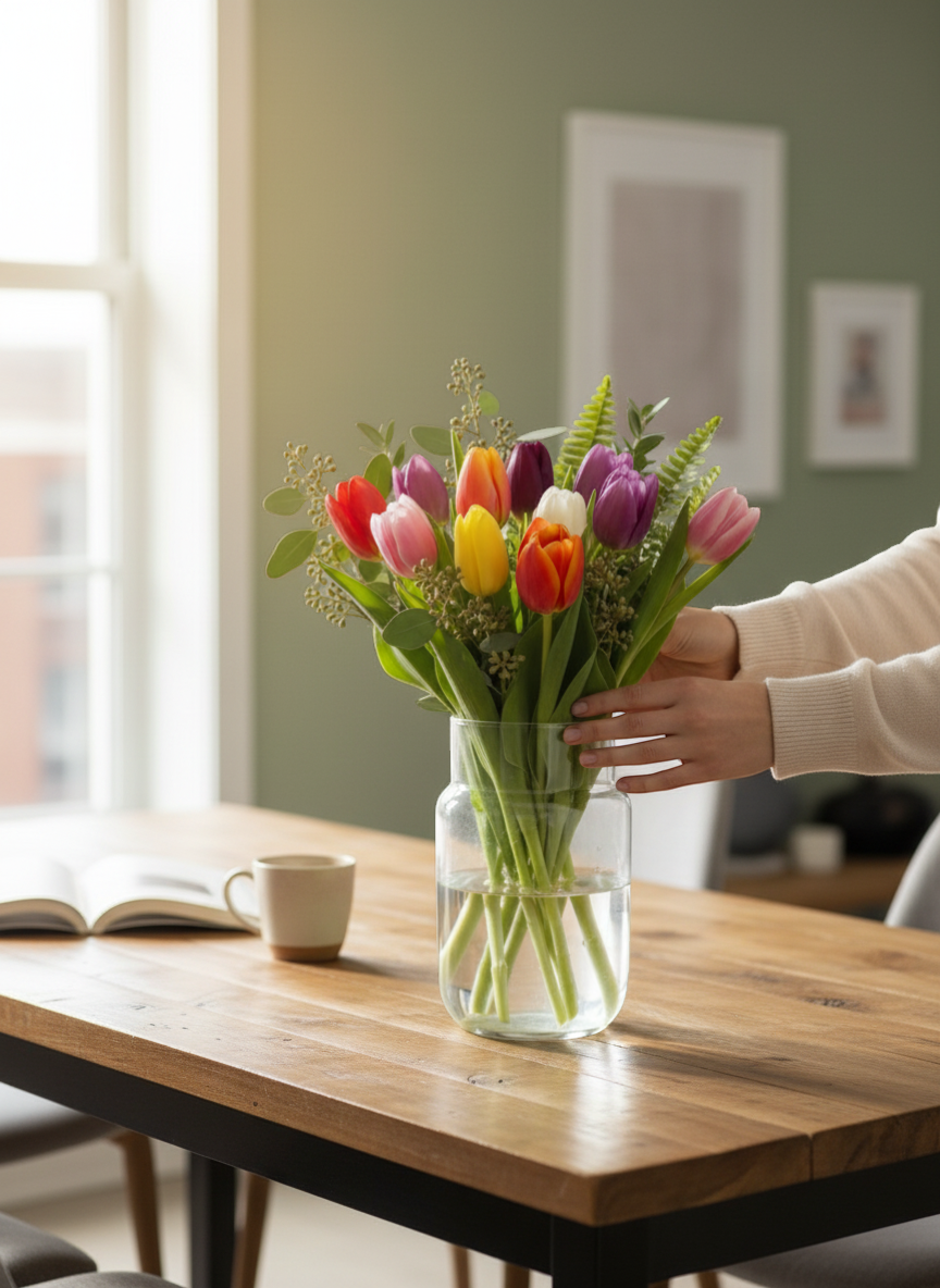 Lakewood Florist mixed tulip bouquet with red, pink, yellow, orange, white, and purple tulips and greenery.