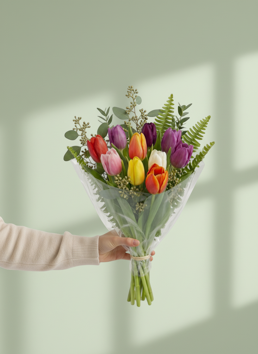 Lakewood Florist mixed tulips bouquet with red, pink, yellow, orange, white, and purple tulips, accented with greenery.
