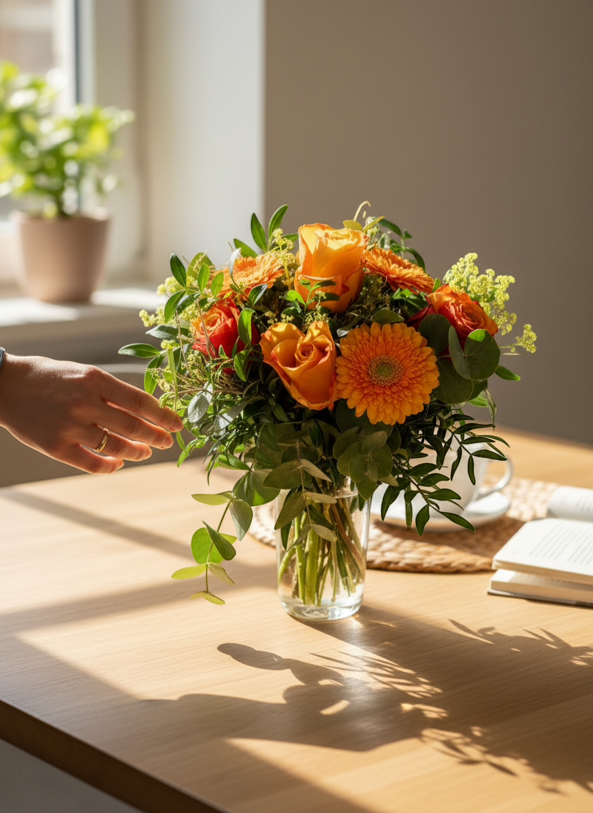 Lakewood Florist Honey Crisp bouquet: orange roses, gerbera daisies, and greenery in a glass vase.