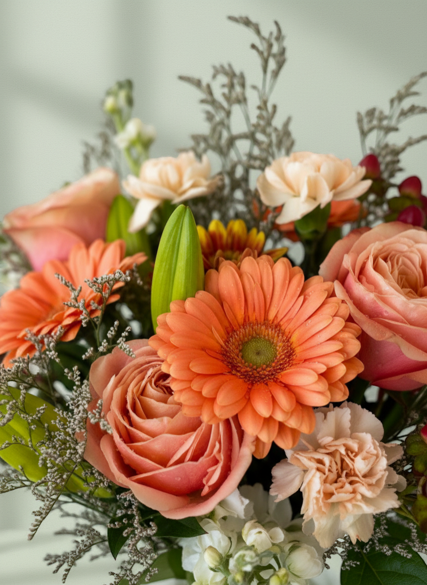 Lakewood Florist vibrant bouquet with orange gerbera daisies, pink roses, and red hypericum berries in a glass vase.
