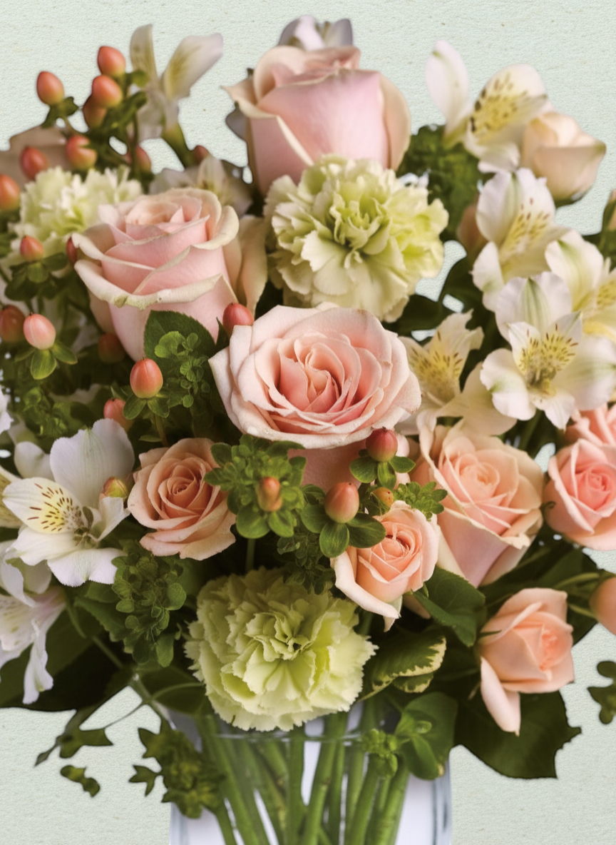 Lakewood Florist pastel pink rose and white alstroemeria floral arrangement in a clear glass vase.