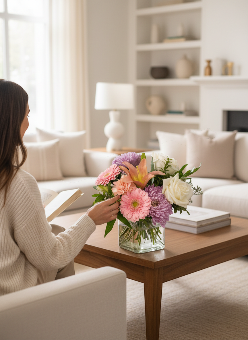 Lakewood Florist pastel flower arrangement with pink gerbera daisies, lilies, roses, and purple mums in a glass vase.