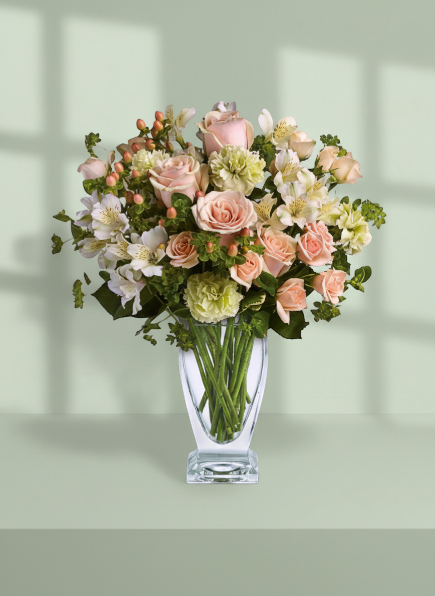 Lakewood Florist pastel floral arrangement with pink roses, white alstroemeria, and green accents in a clear glass vase.