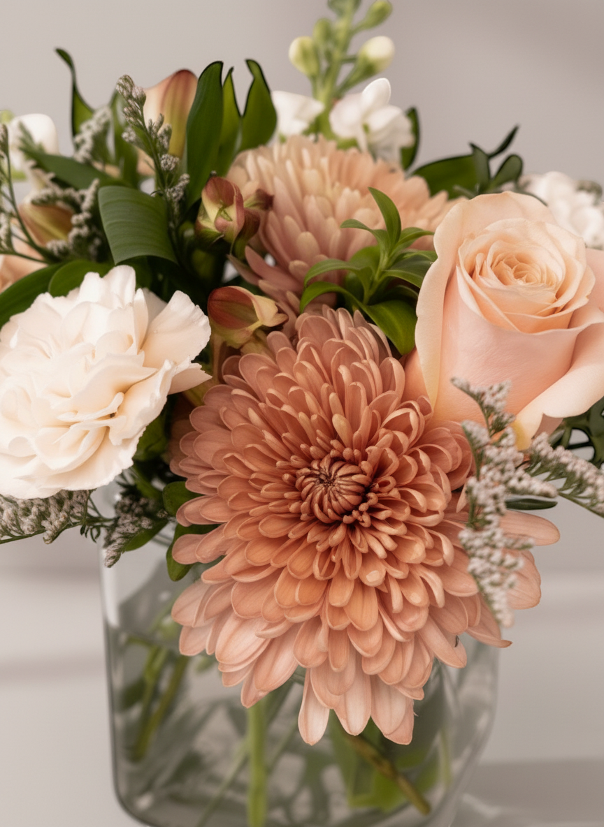 Lakewood Florist Timeless Tranquility floral arrangement with peach roses, carnations, and chrysanthemum in a glass vase.