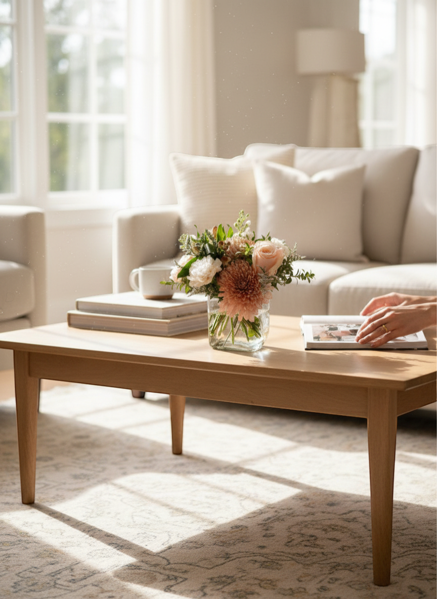 Lakewood Florist Timeless Tranquility floral arrangement with peach roses, carnations, and chrysanthemums in a glass vase.