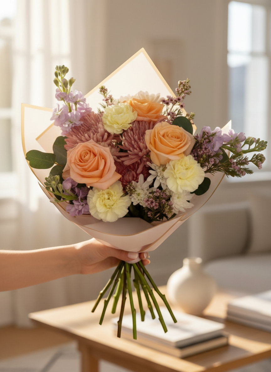 Lakewood Florist hand-tied bouquet with peach roses, lavender stock, yellow carnations, and pink chrysanthemums.