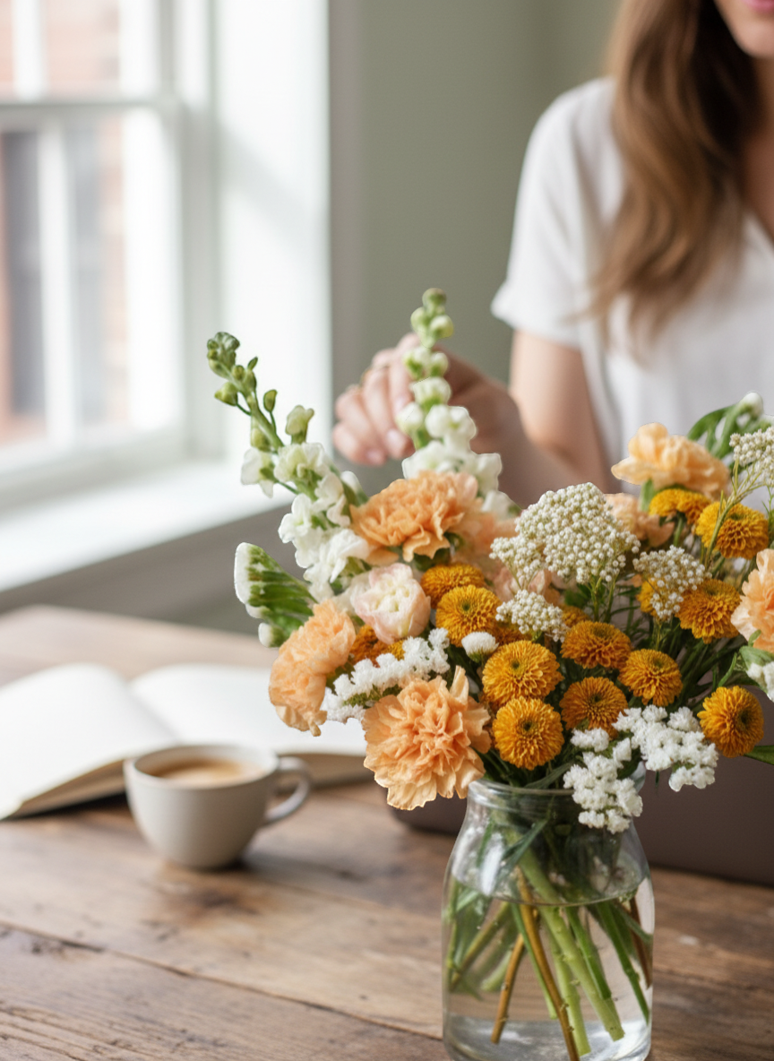 Lakewood Florist Peachy Glow arrangement: peach, orange, and white flowers in a clear vase. Sunset-inspired.