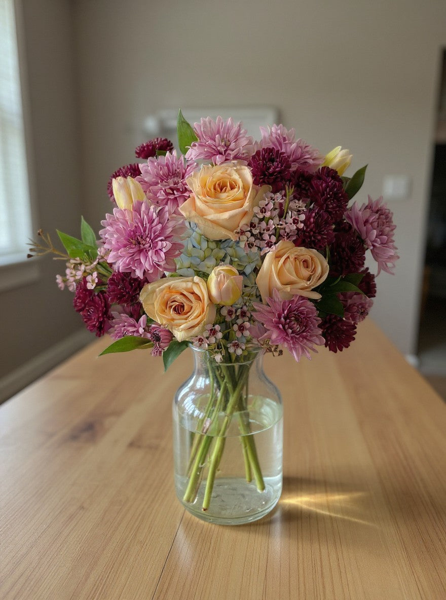 Lakewood Florist hand-tied bouquet with peach roses, purple chrysanthemums, and tulips in purple paper.