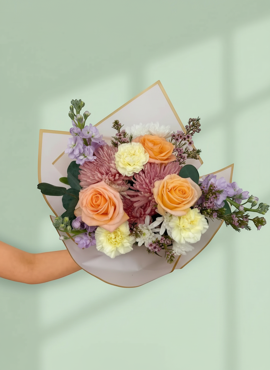 Lakewood Florist hand-tied bouquet with peach roses, pink chrysanthemums, lavender stock, and yellow carnations.