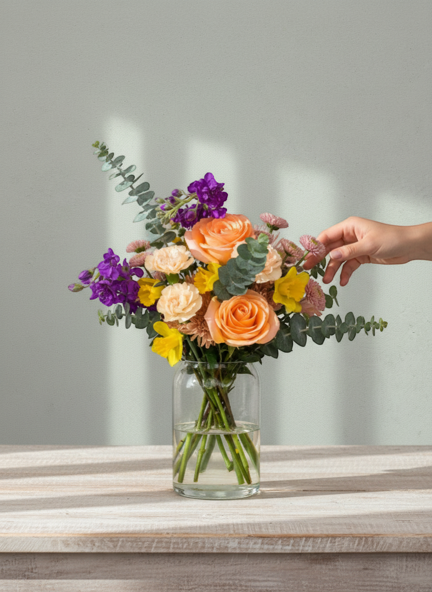 Lakewood Florist bouquet with peach roses, daffodils, purple stock, and pink mums, accented with eucalyptus.