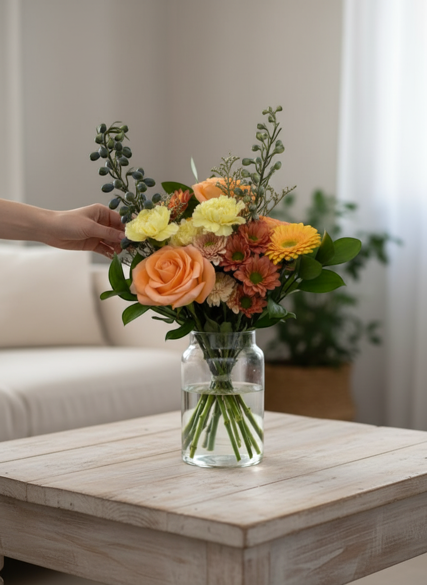 Lakewood Florist bouquet with peach roses, yellow carnations, orange gerbera daisies, and blue delphinium.