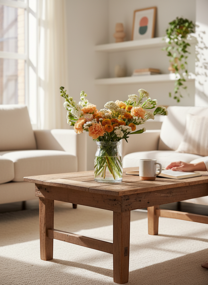 Lakewood Florist Peachy Glow arrangement: peach carnations, orange chrysanthemums, white stock, and delicate white filler flowers in a clear glass vase.