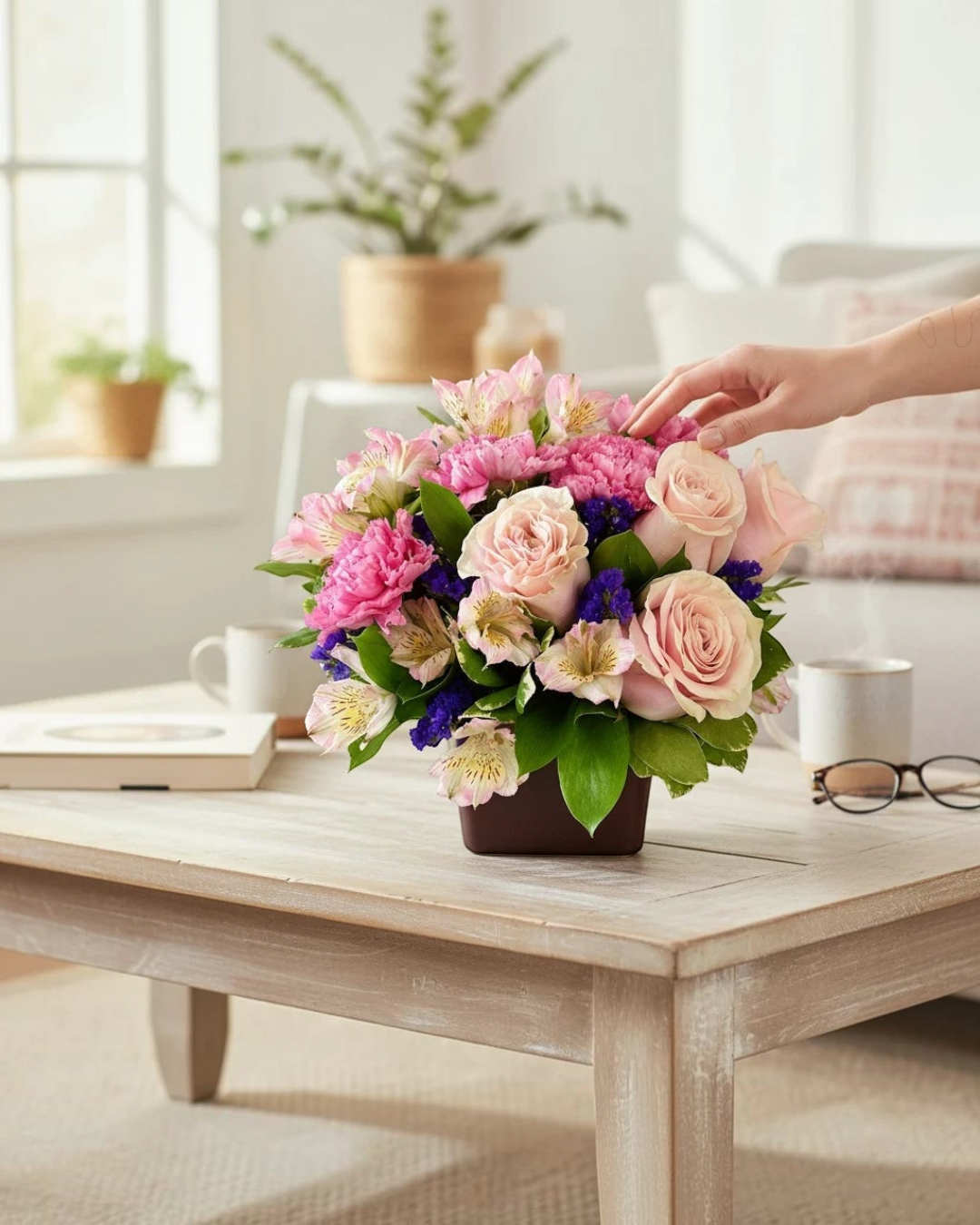 Lakewood Florist Beautiful Day bouquet featuring pink roses, carnations, and alstroemeria in a square vase.