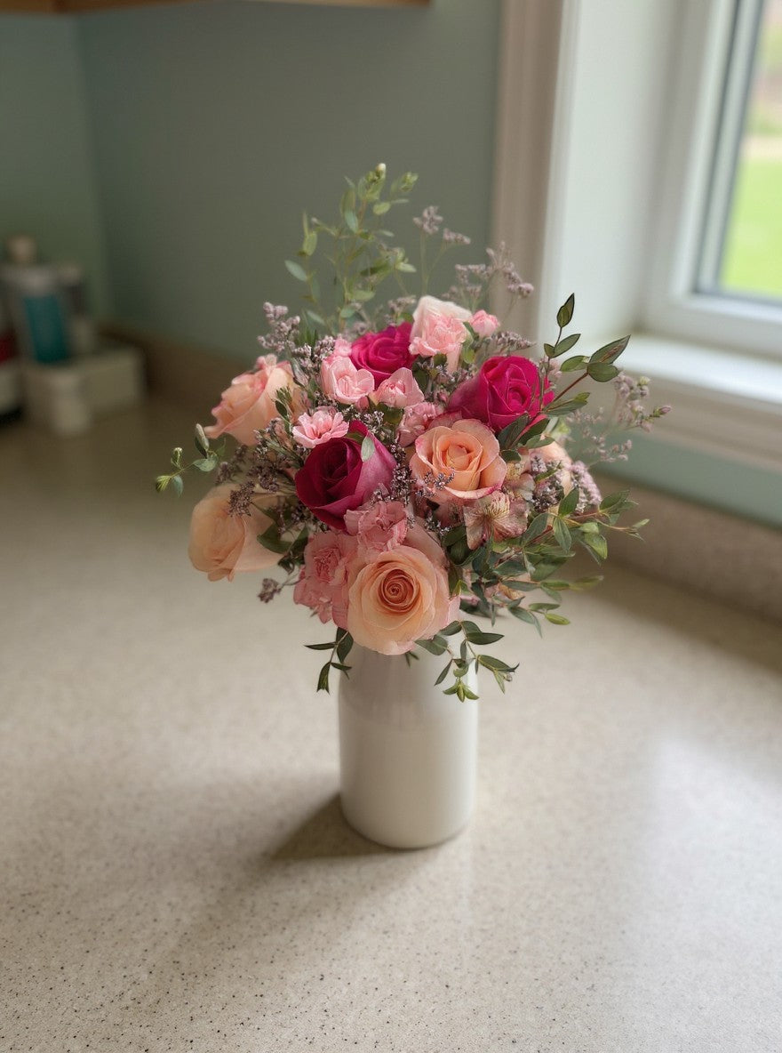 Lakewood Florist's Pretty in Pink bouquet features a vibrant mix of pink roses, carnations, and alstroemeria with eucalyptus greenery.
