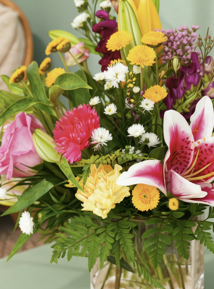 Lakewood Florist Pink Sunshine arrangement: pink lilies, yellow blooms, roses, carnations, and greenery in a glass cube vase.
