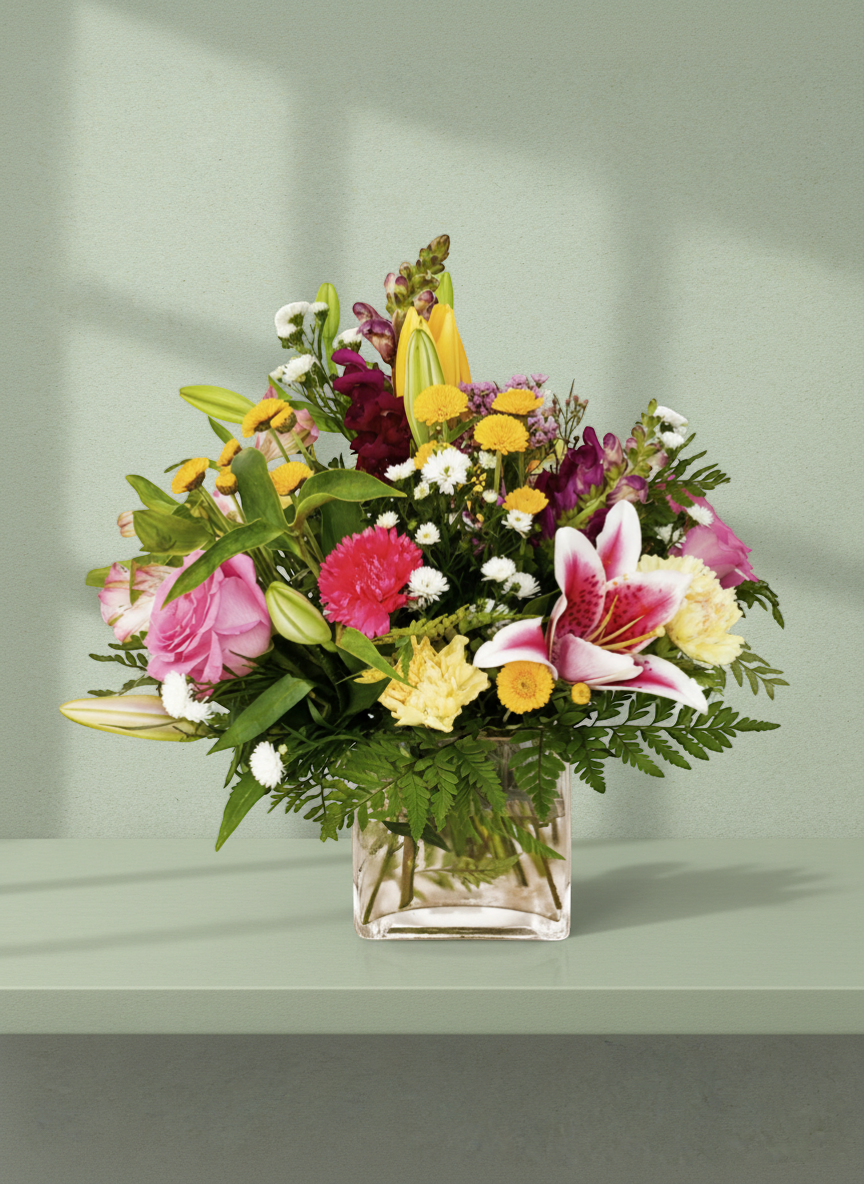 Lakewood Florist Pink Sunshine arrangement with pink lilies, yellow blooms, roses, and carnations in a glass vase.